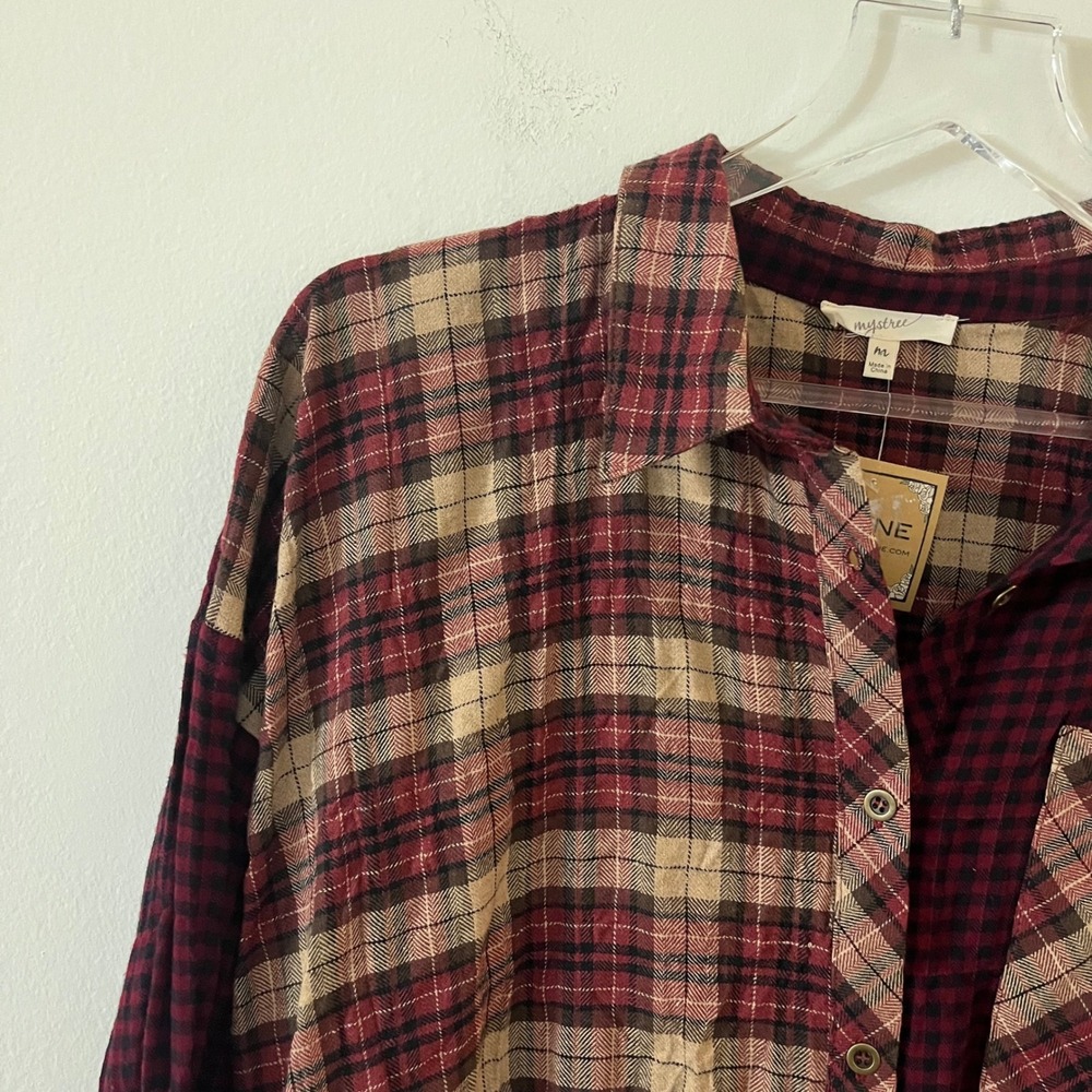 Mystree Jayne Plaid Contrast Long Sleeve Button Up Shirt Women Medium NWT - Picture 5 of 12